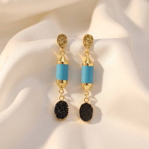Black Sugar Druzy & Blue Turquoise 18K Gold Plated Brass <b>Drop</b> Earrings Neo-Gothic Statement Jewelry for Women - Product Image 3