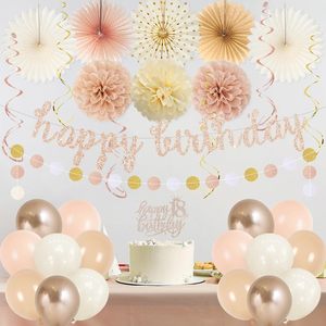 Décorations Bohèmes Beige Or Champagne pour Filles - 18ème <span class=keywords><strong>Anniversaire</strong></span> |   Ballon numéro 18, bannière, éventails en papier, pompons, <span class=keywords><strong>anniversaire</strong></span> 18 ans - Product Image 4