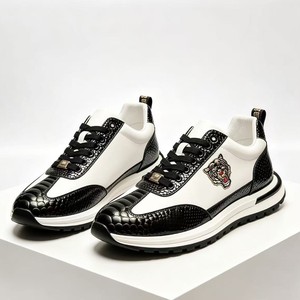 Men Genuine Leather Walking Shoes Lace Up Breathable Lightweight Casual Sneakers Tiger Embroidery Color <b>Block</b> - Product Image 1