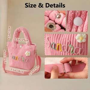 Sac à main en velours côtelé avec nom brodé personnalisé, mini sac bandoulière avec sangle amovible, sac fourre-tout pour les voyages, le shopping - Product Image 5