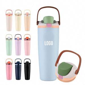 Bouteilles d'eau personnalisées avec logo 30oz, vertes, sportives, en acier inoxydable, avec intérieur en céramique isolé sous vide, avec paille - Product Image 6