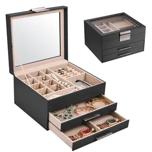 Grand étui à bijoux organisateur en cuir personnalisé portable de voyage taille miroir boîte à bijoux emballage avec couches