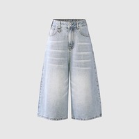 Shorts en jean baggy pour hommes, été 2025, style vintage délavé, coupe large, longueur 7/8, effet moustaches de chat, streetwear