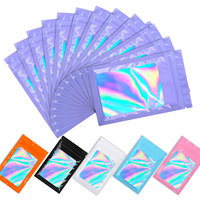 Petit sac cadeau holographique violet en Mylar avec fermeture éclair, un côté transparent, emballage holographique à l'arrière, résistant à l'humidité et pour pierres précieuses