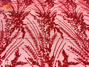 Tessuto in Pizzo di Lusso Rosso con Paillettes e Perline, Ricamo Francese su Rete con Paillettes per Feste - Product Image 5