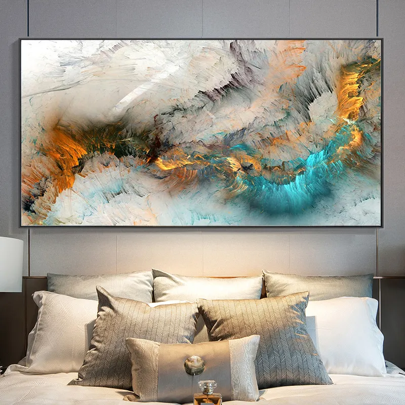 Living Room Home Decor Abstract Colorful Clouds Light Gray Gold Blue abstract wall artwork frame handmade oil painting