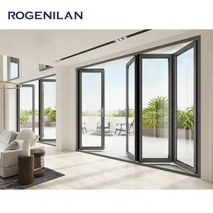 Rogenilan Bifolding الأبواب الزجاج الألومنيوم مزدوجة لوحات زجاجية منخفضة E مع الفولاذ المقاوم للصدأ يطير شاشة مشاوي تصميم للشرفة