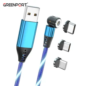 Kabel USB magnetik lampu mengalir LED putar 540 derajat bercahaya 3 in 1 2,4 A kabel hanya pengisi daya