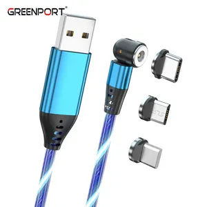 Luminous 540 degree rotating LED flowing light magnetic USB cable 3 in 1 2.4A charge only cable