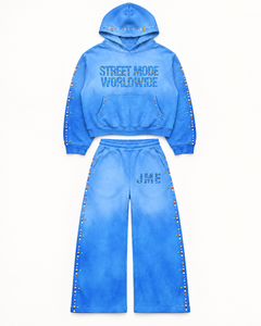 Completo <span class=keywords><strong>Tuta</strong></span> Sportiva Unisex HG High Street Personalizzata da Uomo, <span class=keywords><strong>Blu</strong></span> Sbiadito con Strass e Stampa a Rilievo, Felpa con Cappuccio e <span class=keywords><strong>Pantaloni</strong></span> Larghi - Product Image 1