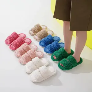 2023 new parallel bars Open Toe plush cotton slippers women home candy color indoor Flat Sole woolly casual shoes