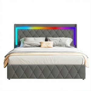 Cama Moderna Queen Size con Sistema de Elevación, Almacenamiento Secreto, Cargador USB y Luces RGB con Música en Color Beige Grisáceo - Product Image 4