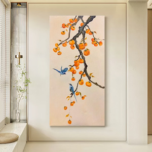 Peinture à l'huile peinte à la main, art abstrait, fleurs et oiseaux, décoration murale pour entrée, sans cadre, panneau arrière en métal - Product Image 3