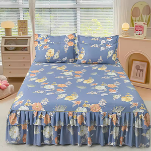 Ensemble personnalisable de 3 pièces de haute qualité : drap-housse imprimé tendance, taies d'oreiller à motif végétal et jupe de lit en polyester teint uni - Product Image 4