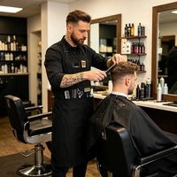 Tablier de coiffeur personnalisé avec logo brodé et imprimé, avec poches, noir, avec sangle réglable pour salon