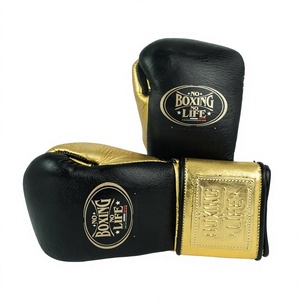 Guantes de Boxeo Profesionales No Boxing No Life Negros y Dorados de Cuero Vacuno Auténtico para MMA con Cierre de Gancho y Bucle, Absorción de Humedad y Dedos Completos - Product Image 1