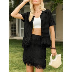 Fisoew Womens 2 Piece Crochet <b>Knit</b> <b>Set</b> Short Sleeve Button Top Fringe Skirt Casual Vacation Outfit Spring Summer - Product Image 3