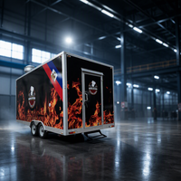 Remorque alimentaire mobile carrée de 16 pieds avec graphismes flamme, autocollants personnalisables, trois friteuses, ventilateur centrifuge, en acier inoxydable et isolée