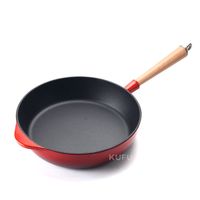 Wajan Besi Cor Berlapis Enamel dengan Gagang Kayu, Wajan Datar Berdasar Datar untuk Kompor Gas, Listrik, dan Induksi, Grosir