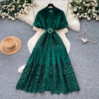 Robe longue élégante en dentelle verte à manches bouffantes et à volants, avec ceinture en perles, pour femmes, vêtements décontractés pour les fêtes et le quotidien