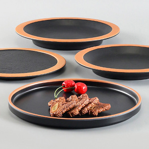 Round Melamine <b>Plates</b> <b>Black</b> With Copper Rim Commercial Use For Steak Pizza Hotel Restaurant Dishes - Product Image 1