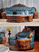 Haut de gamme grande unité salon canapé en cuir véritable Style européen bois massif sculpté Villa couche supérieure peau de vache combinaison canapé