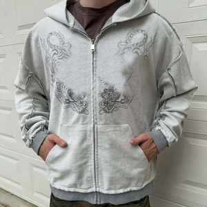 Sweat à capuche zippé intégral surdimensionné pour homme, en molleton épais gris délavé style vintage, avec impression DTG graphique - Product Image 2