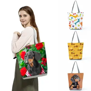 Bolso de hombro de poliéster con estampado de perro salchicha para mujer, bolsa grande de compras, de alta calidad, barata, venta al por mayor