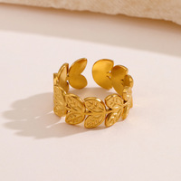 Bague en acier inoxydable motif feuille pour femme, style vintage ethnique, plaqué or véritable, ajustable, pour l'index, tendance européenne et américaine