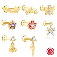 Boucles d'oreilles tendance en argent sterling S925 avec zircon, style Ins, motif Koi, papillon, pompon, abeille, libellule, tête plate, pour cartilage