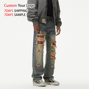 Jean en denim de haute qualité à jambe large, style streetwear décontracté, délavage effet neige, effet usé personnalisé, coupe droite, coupe ample, déchiré, taille mi-haute - Product Image 3