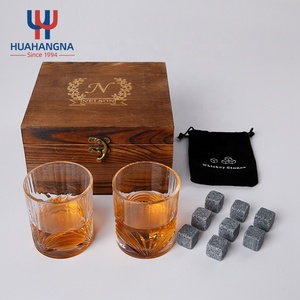 Premium Custom Logo 300ml Crystal Glass Rock Cocktail Whiskey Glasses Set with Granite Chilling Stones in Wooden Gift Box