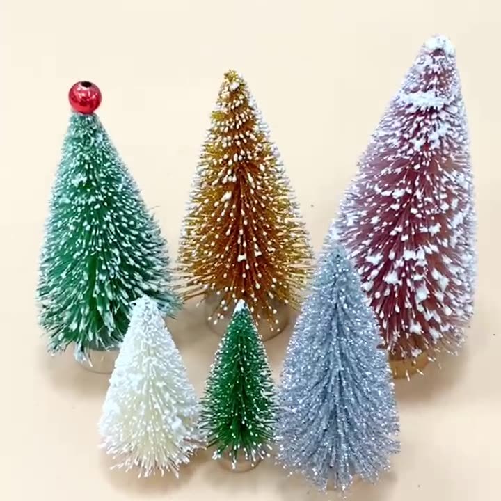 Set Of 5 Bottle Brush Christmas Trees With Snow - Mini Pine Trees On Wooden Bases For Decor