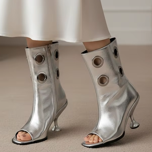 Sandales d'été en daim à bout <span class=keywords><strong>ouvert</strong></span> avec fermeture éclair latérale, bottines sexy à talons chaton et décorations métalliques pour femmes - Product Image 1