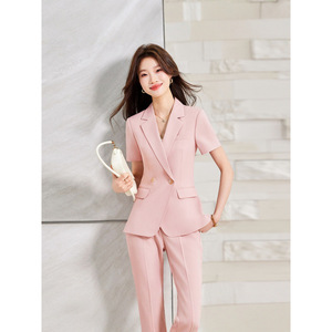 Women's Pink Short Sleeve Suit Set Slim Fit Formal Business Commute Korean Style Two Piece Anti-Wrinkle Worsted Fabric - Product Image 4