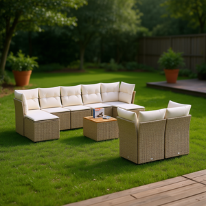 Conjunto de Sofás Modulares de Jardín de Poliratán Beige, 10 Plazas, Muebles de Exterior de Diseño Contemporáneo - Product Image 2