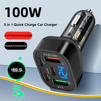 Chargeur de voiture 100W à 5 ports, adaptateur de charge rapide PD QC3.0, affichage numérique transparent, 12V 24V universel pour téléphone portable et tablette