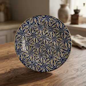 Assiette décorative en métal faite à la main, ronde, motif végétal oriental, bleu et or, peinte à la main - Product Image 6