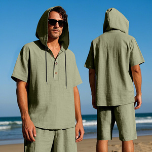 Conjunto de Camisa sin Mangas con Capucha y Pantalones Cortos de Lino para Hombre, Corte Holgado, Ligero, Informal, Ropa de Playa, Conjunto Coordinado de Dos Piezas para Verano - Product Image 5