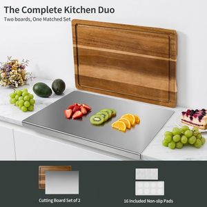 Ensemble de 2 planches <span class=keywords><strong>à</strong></span> <span class=keywords><strong>découper</strong></span> en acier inoxydable et bois d'acacia, compatibles lave-vaisselle, <span class=keywords><strong>avec</strong></span> rebord de comptoir et rainure pour les jus, pour la cuisine - Product Image 4
