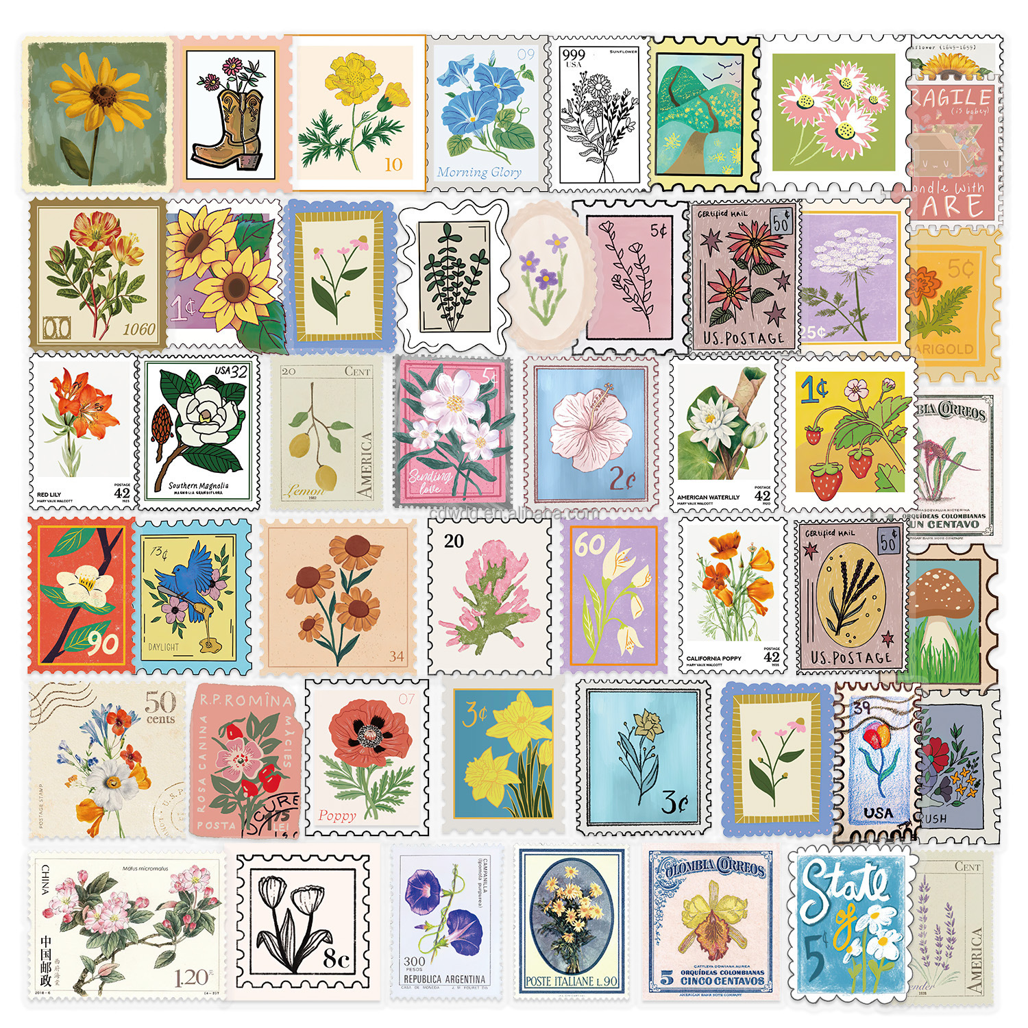 Ensemble de 50 autocollants pour enveloppes motif fleur de menthe