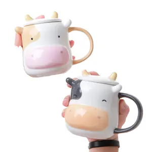 Funny Novelty Gifts 3D Ceramic Cartoon Portable Mug With Lid spoon bull Shaped milk tea cup