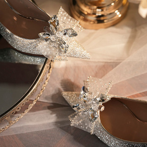Zapatos de Novia con Tacón de Aguja y Punta Puntiaguda, Decoración de Cristal, Forro de Satén, Tendencia de Moda, 8 cm de Altura - Product Image 2