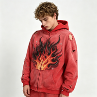 Hoodie Zip Up Heavyweight dengan Cetakan Api Distressed, Gaya Streetwear, Bahan Vintage Wash, Warna Merah, Grafis, untuk Pria