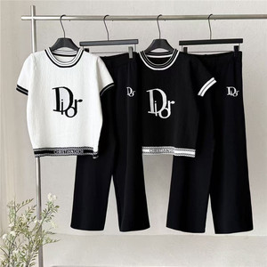 Ensemble tricoté mode estivale pour <span class=keywords><strong>femme</strong></span> : Haut jacquard à col rond avec motif lettres, coupe jeune et décontractée, et <span class=keywords><strong>pantalon</strong></span> ample deux pièces long - Product Image 2