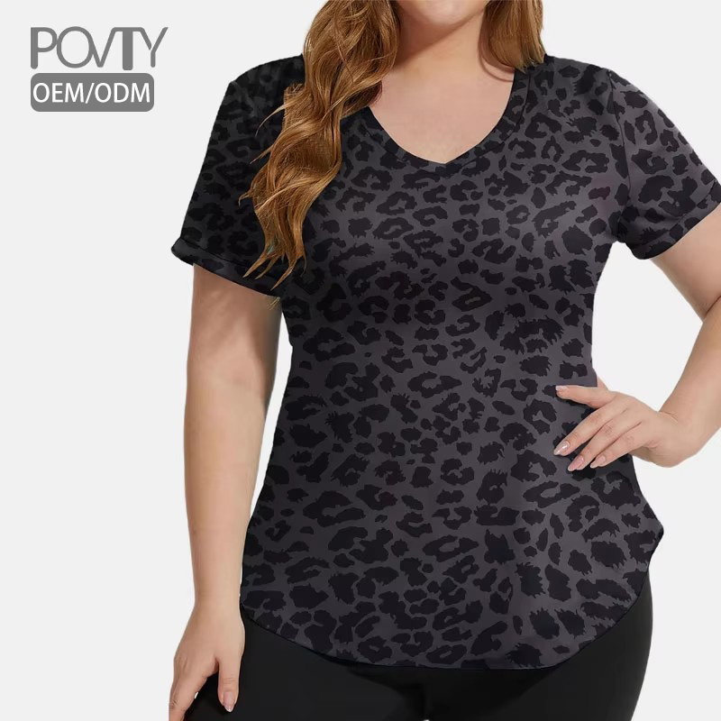 POVTY Custom Printed Women's Plus Size Casual Summer Running Knitted Short Sleeve T Shirts Loose Fit V Neck Workout Yoga Tops