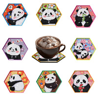 Ensemble de 8 dessous-de-verre en peinture diamant Panda, design zen asiatique, forme hexagonale en bois, support de tasse, tapis isolant pour tasse à café