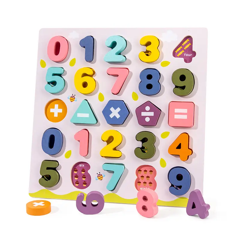 Grosir disesuaikan pendidikan awal tertanam mainan Puzzle DIY warna-warni nomor ABC 123 angka Arab 3D teka-teki kayu