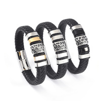 Bracelet en cuir véritable noir avec 5 perles tubulaires en acier inoxydable, fermoir magnétique personnalisé, bijoux pour homme, cadeau pour petit ami, fils
