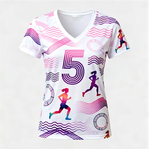 Camiseta deportiva transpirable con cuello en V para mujer, de poliéster sublimado de secado rápido, con logo personalizado, para correr y gimnasio, muestra de 3 días. - Product Image 2
